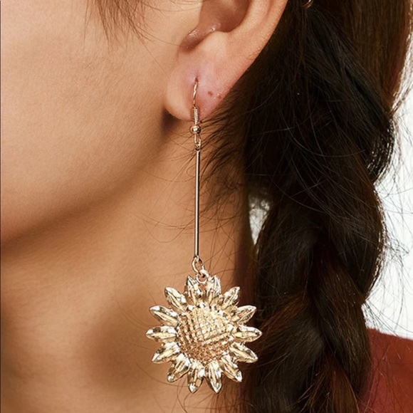 Gold Sunflower Drop Earrings - Picture 2 of 5